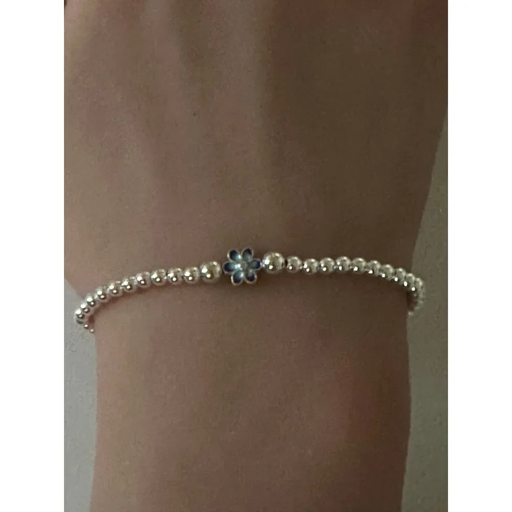925 Sterling Silver Stretch Stacking Bracelet Blue Flower Charm Minimalist - Picture 3 of 4